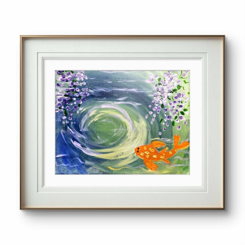 Koi Fish Pond with Wisteria Reflection Acrylic Painting 11x14 gallery