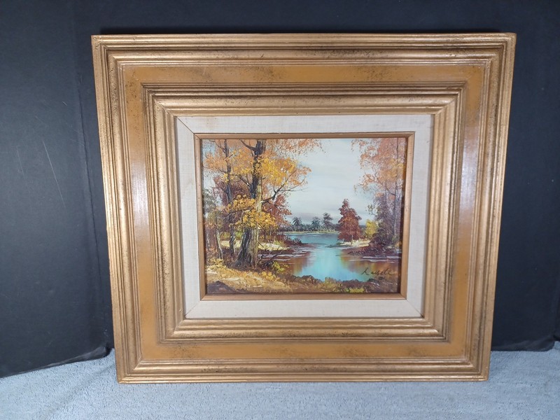 Vtg Oil Paint Forest Lake Scene Fall Autumn Signed Russell Frame 16.5″ x 18.5″