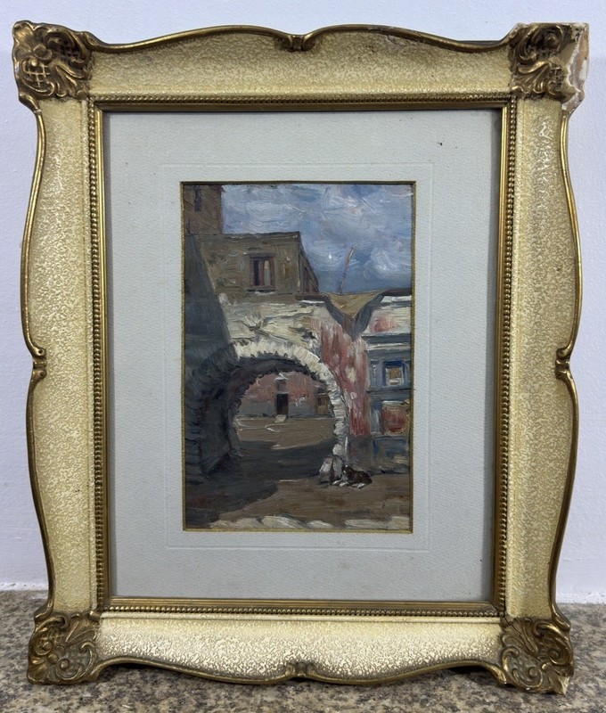 Italian School Oil Painting on Panel Courtyard View Presumed Naples Italy