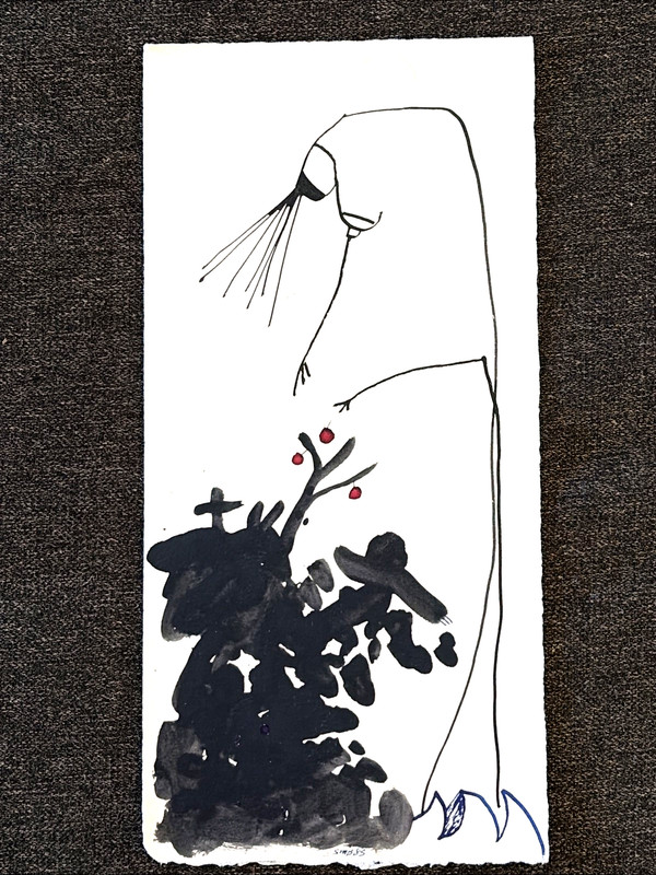 Original 80s Outsider Art Figural Abstract Stick Painting Stuart Buehler 6×12.5″