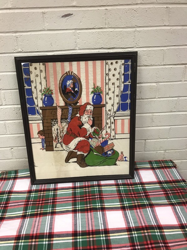 ANTIQUE VTG FRAMED CHRISTMAS PAINTING ON CREPE PAPER OR CLOTH 20 3/4 X 17 3/8” gallery