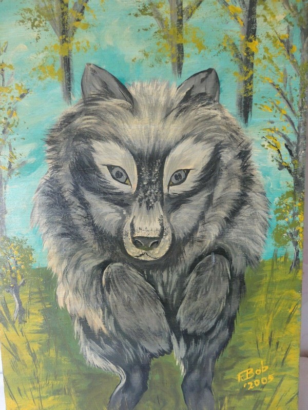 Original Painting Signed F Bob 2005 Wolf Wildlife On Plywood Board 15" x 8-5/8 gallery