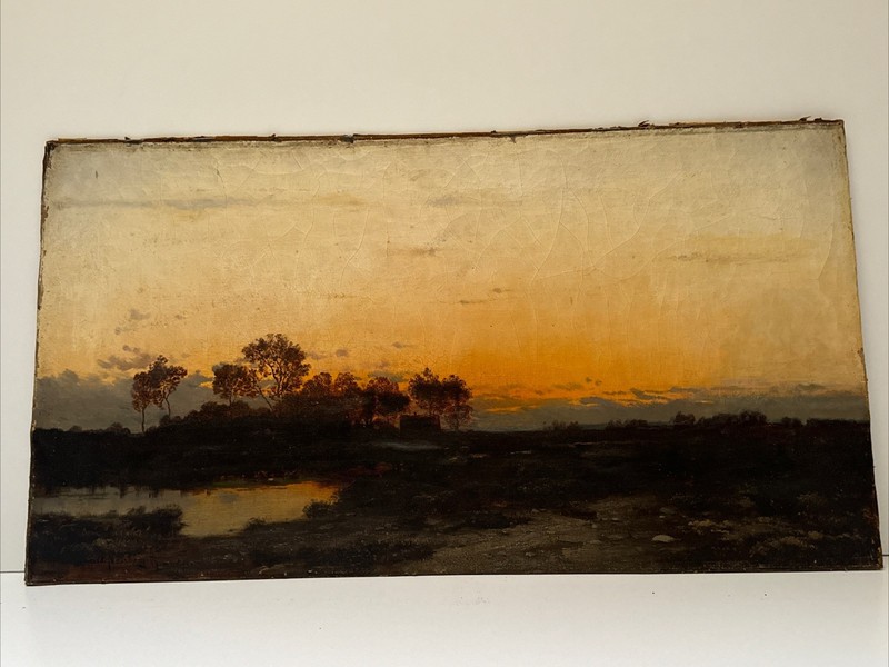 Antique Tonalist Landscape Painting Evening Sunset Impressionist 19th Century gallery