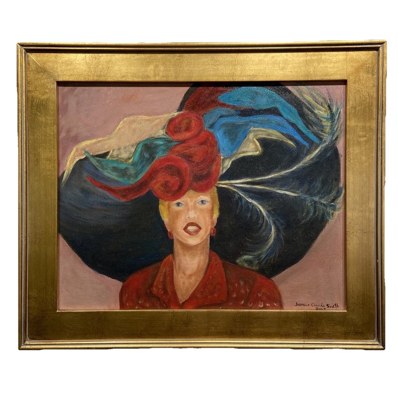 Vintage Oil Painting Woman in Red with Large Hat Gold Gilt Wood Frame 21×25
