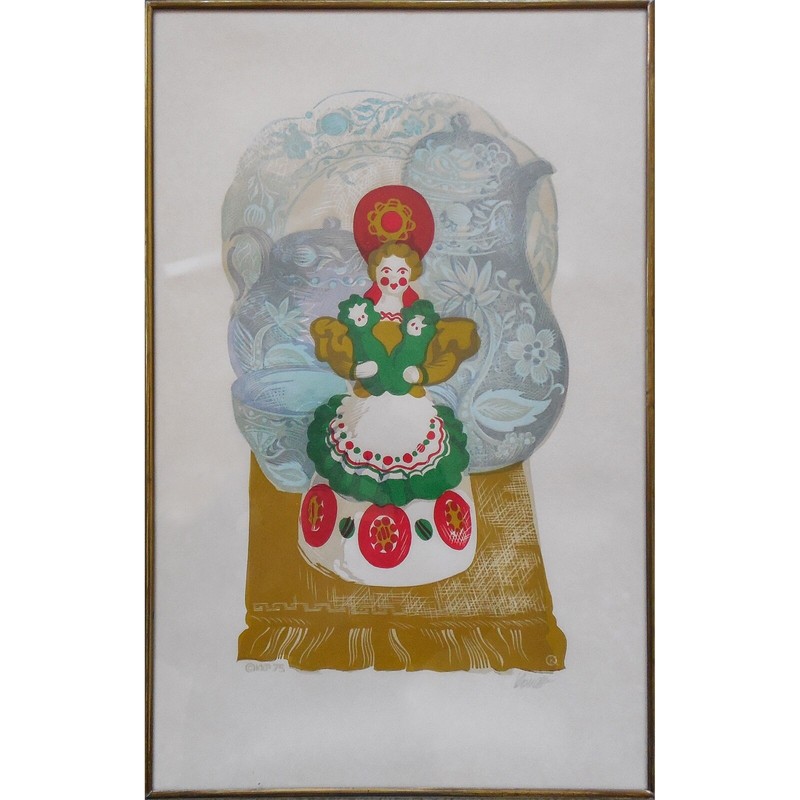 RUSSIAN Original Silkscreen – Female Folk Figure – c.1975, Pencil Signed