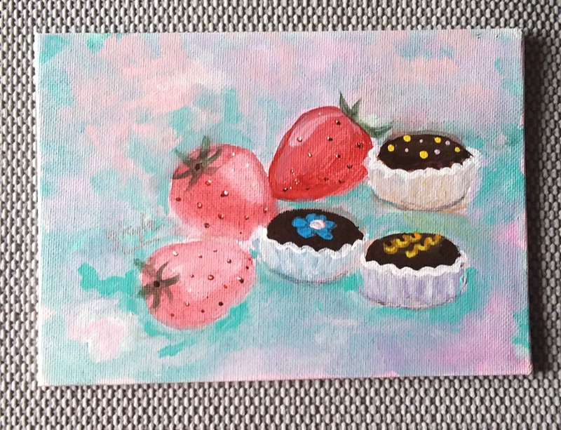 Strawberries Original Art Painting on Canvas 5 x 7 in.
