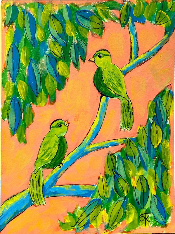 Original Birds 12x9 Vibrant Expressionist Acrylic Painting Paper Orange Green gallery