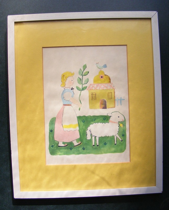 Original framed watercolor painting of girl with lamb,sheep Great folk art look