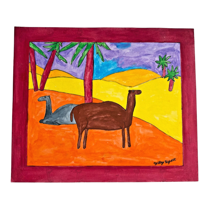 Vintage American Folk Art Primitive Outsider Art Camel Llama Painting – Signed