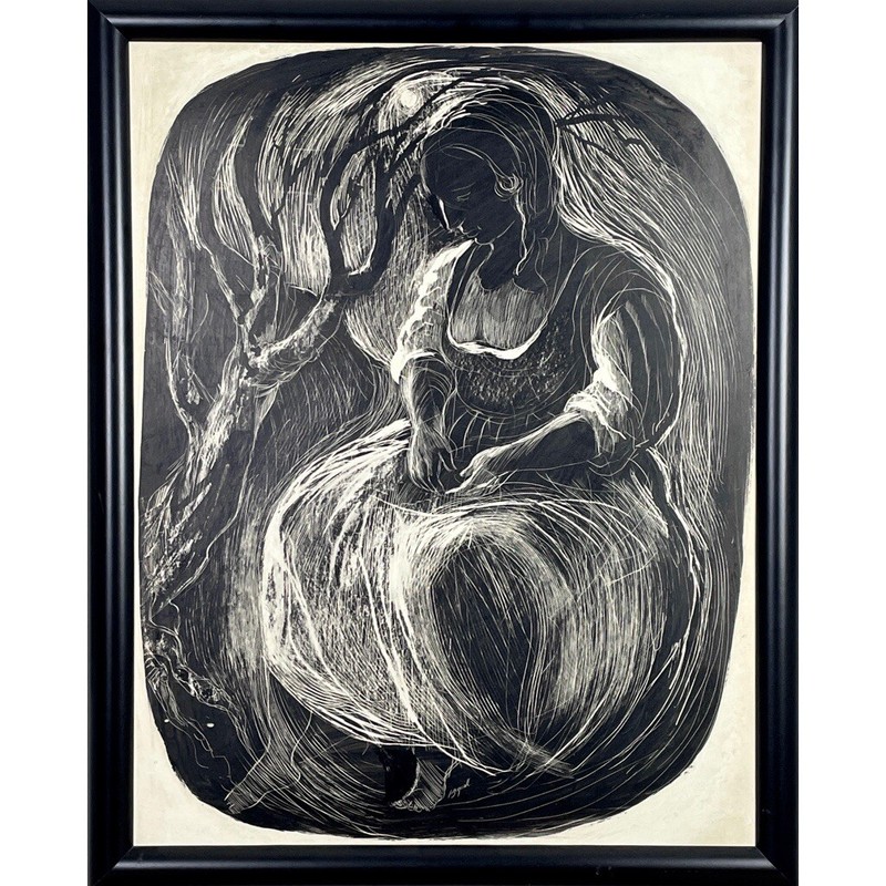 Stephen Bagnell - Seated Lady (ca. 1978, Oil on Board/Scratchboard)