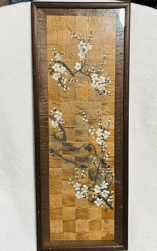 Vtg 8.75 x 22.75″ Japanese painting woven gold crepe paper Flowers on branches