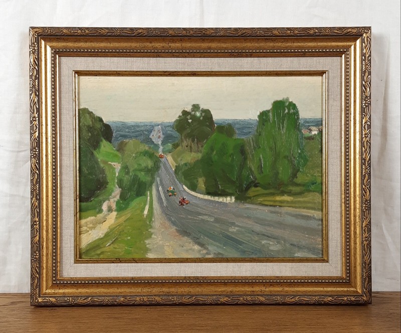 Original oil painting, Ukrainian artist, Landscape, Road, Framed, Vintage