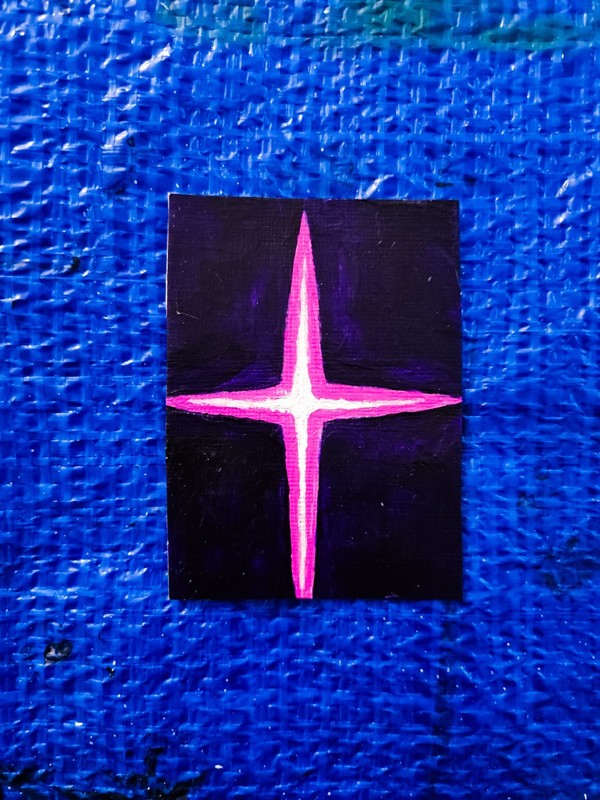 ⁣⁣⁣⁣⁣⁣ OOAK ACEO Acrylic Painting Art Card Pink and White Star Space Over Purple