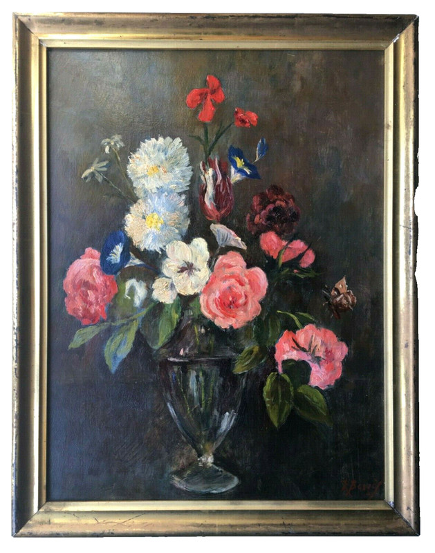 19th Fine Impressionist – Bouquet of Flowers Butterfly Crystal vase