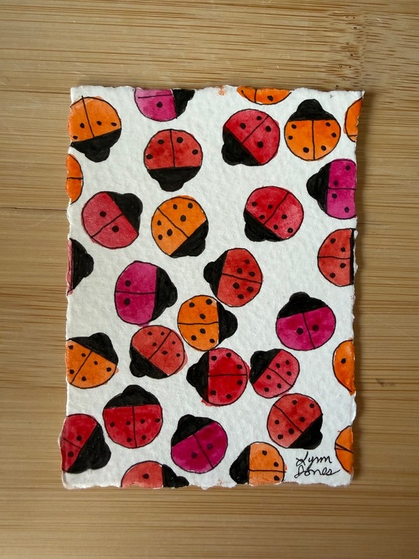 ACEO Original Ladybug Dance 2.5 x 3.5 inch red pink orange bugs