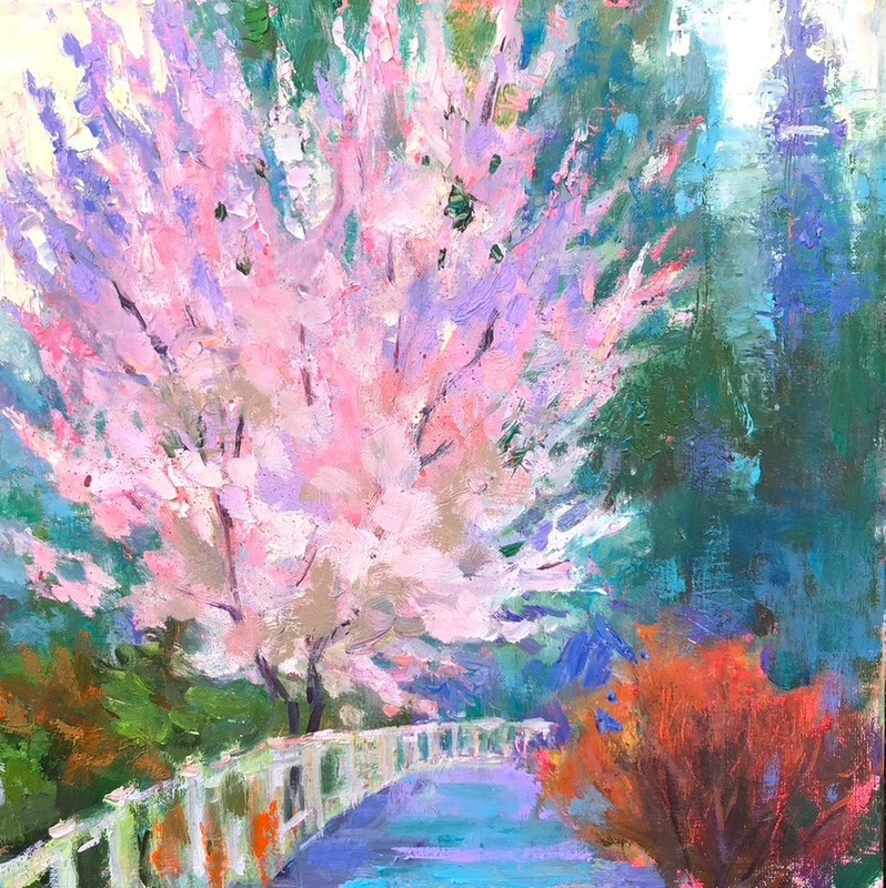 Cherry Tree Bloom Painting Original Spring Cherry blossom Impressionist Art