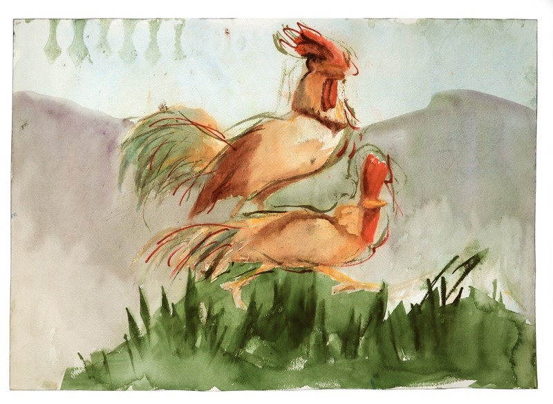ORIG Mid-Century Watercolor»Golden Chickens» 20 x 14″ Farm/Kitchen decor-bonus!