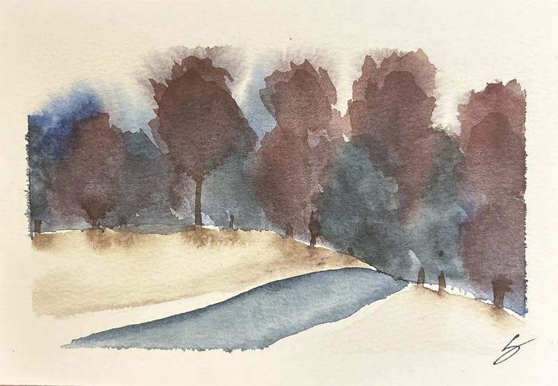 5”x7” Original Watercolor Print Riverside Blue Dawn Landscape By Sasha Lehto