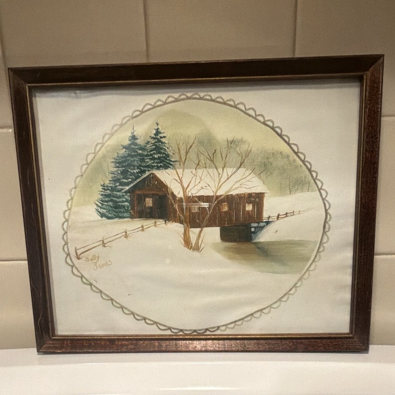 Sally Jones Signed Framed Realism Winter Landscape Painting Barn Bridge Trees