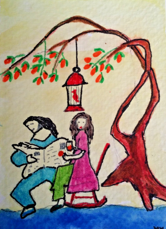 ACEO Original – Man Woman Parrot Tree Watercolor Painting 2.5 x 3.5
