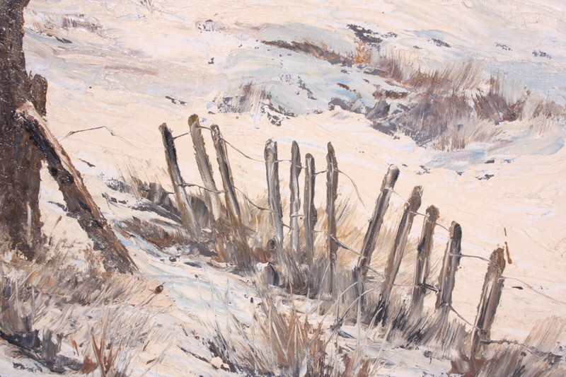 Cragoni Signed 36x24 Oil on Canvas Painting Vtg Winter Old Farm Fence Landscape gallery