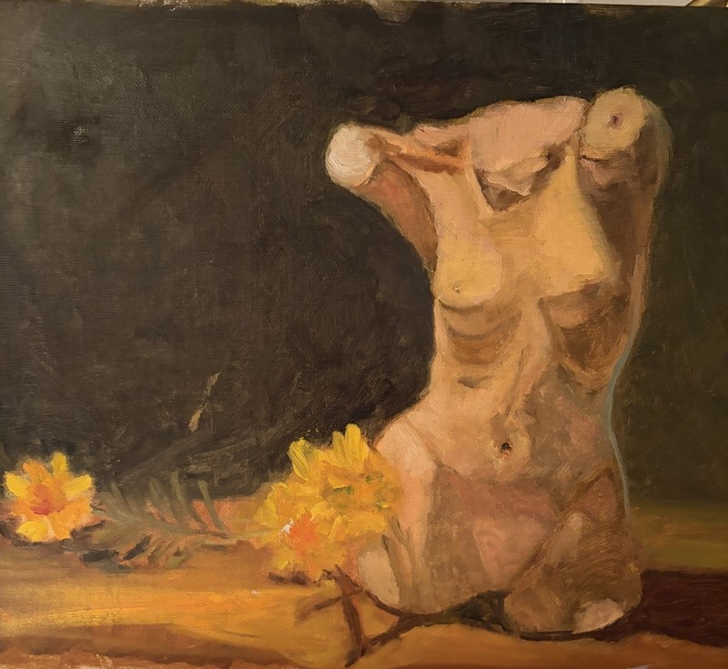 Classical Oil Painting Female Torso Nude Sculpture Still Life Yellow Flowers