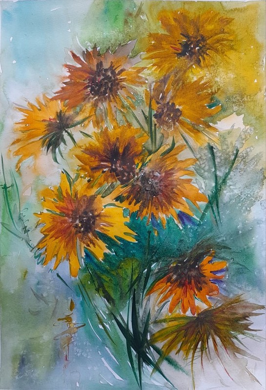 Vibrant Yellow Sunflowers Expressionism Original Watercolor Painting 11 x 16 in
