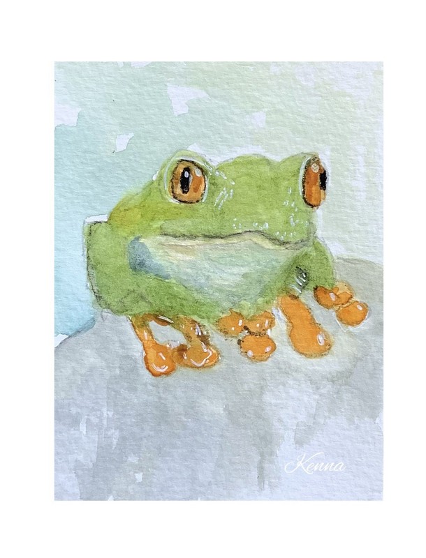 ACEO By Kenna Watercolour Original Painting Green Frog 2.5” X 3.5” Signed ÀTC