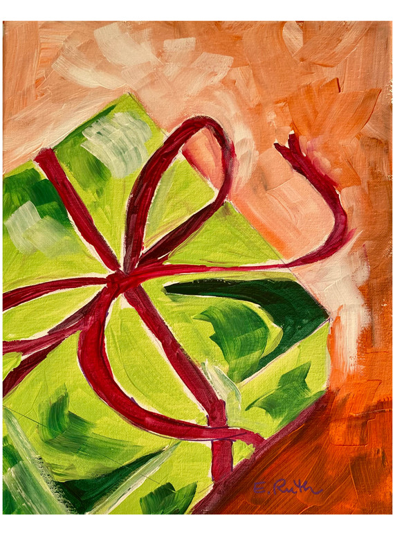 14X11 Acrylic Modern Abstract Christmas Gift with Ribbon Painting on Canvas
