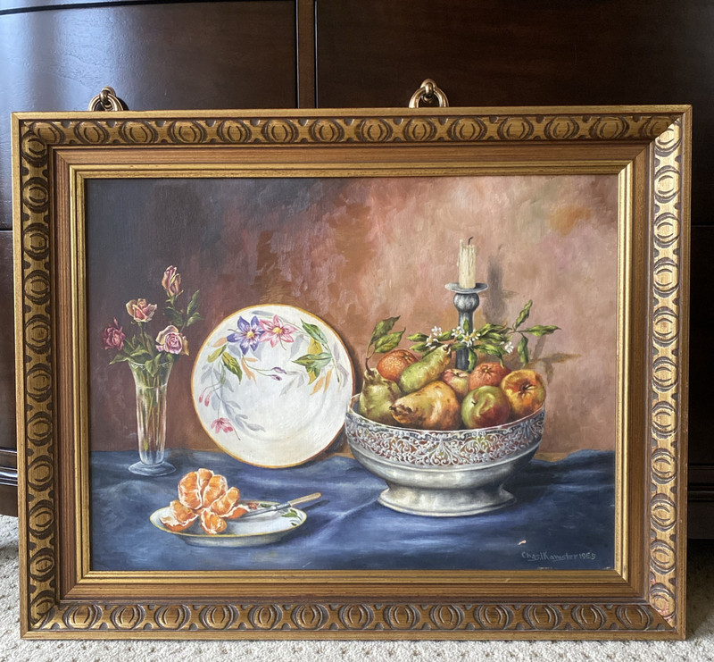 Vintage Oil Painting Still Life Orange Fruits Signed Kamsler 1959 Framed 28″x23″