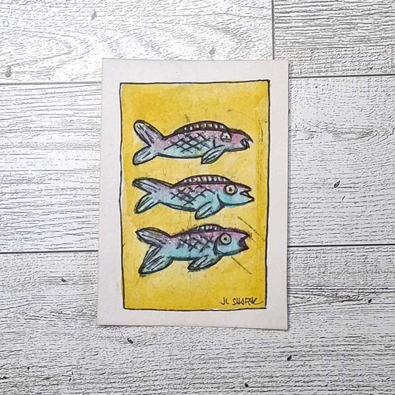 Original ACEO Yellow Fish #3 2.5×3.5 Hand Enhanced Intaglio Print