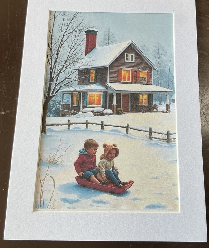 Handmade Signed Art Winter Snow Scene Painting 4×6 In 5×7 Mat