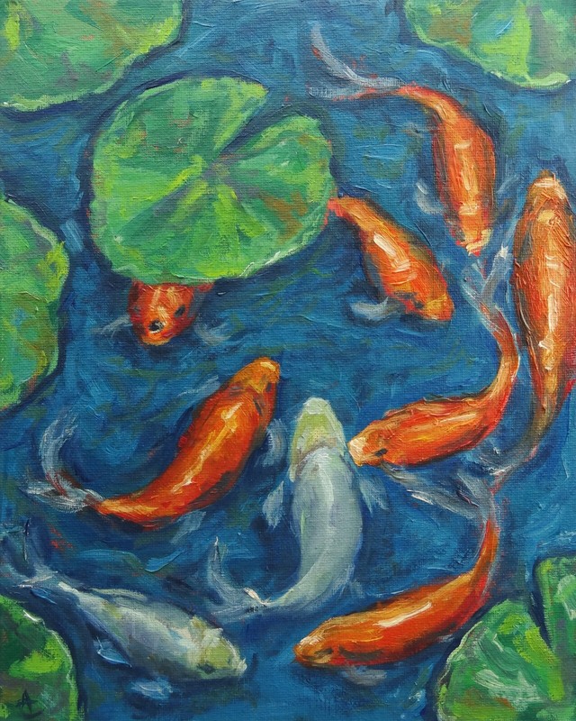 9 Koi Fish Painting Original Art 8 by 10 Oil Painting Water Lily Wall Art