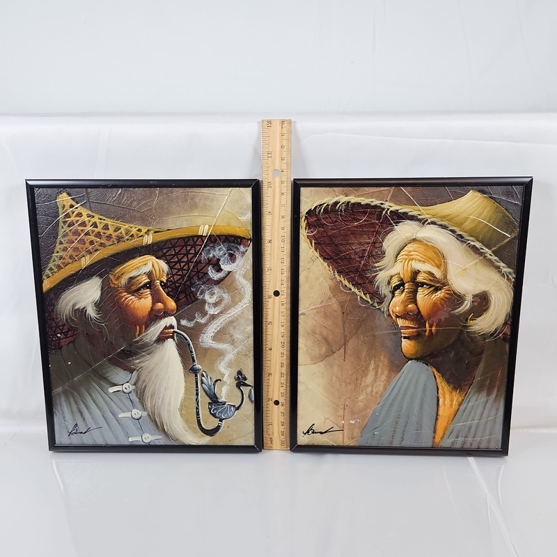 Signed Realism Tobacco Leaf Asian Art Acrylic Painting Set of 2 Metal Framed