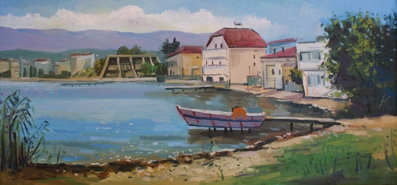 Landscape Oil Painting On Canvas «Spring morning near the lake»,40cmx85cm,Signed