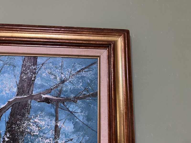 Vintage Framed Impressionist Winter Landscape Painting Snowy Church & Trees gallery