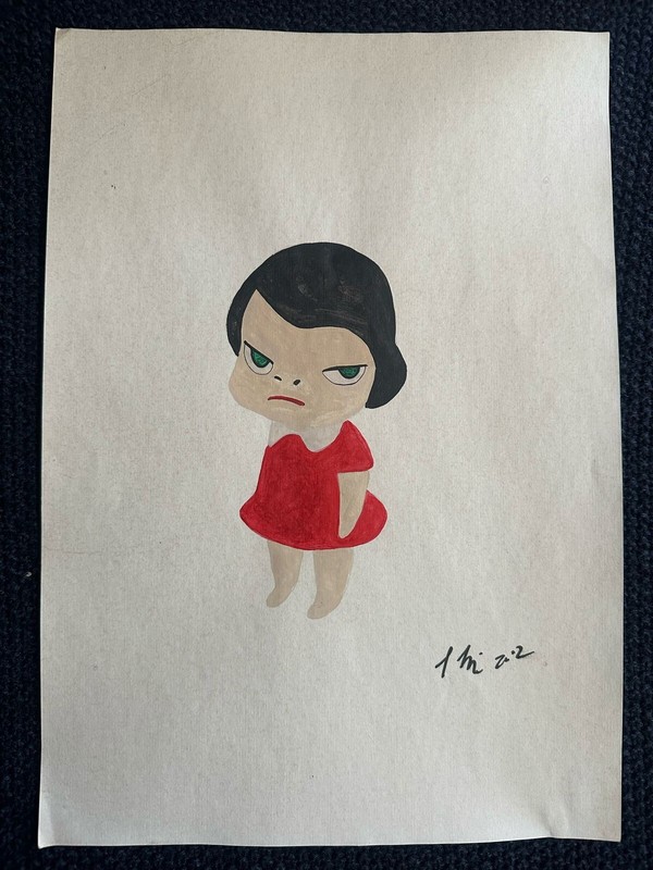 YOSHITOMO NARA drawing and painting on old paper signed stamped vintage