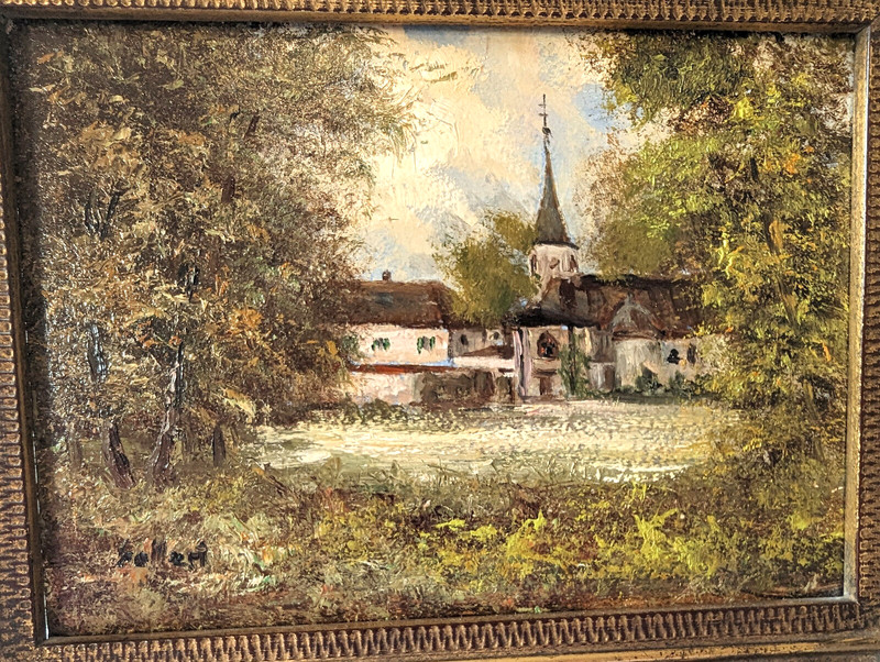 Ölgemälde G. Gallert *1927 orginal signiert | Blick aus Wald auf Kirche gallery