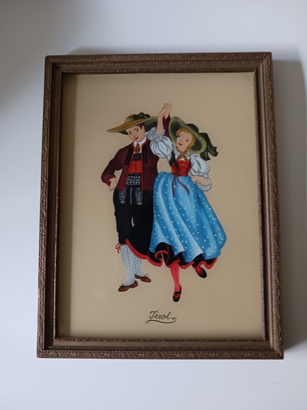 Vintage Tyrolean Folk Dance Art Reverse Painting On Glass Framed 9x6.75 Inches