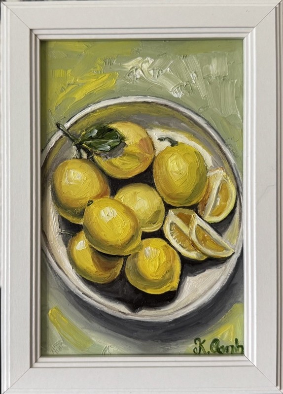 ORIGINAL OIL PAINTING STILL LIFE LEMONS SIGNED FRAMED 4×6