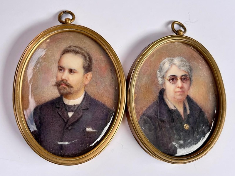 Antique hand-painted miniature of a man and a woman signed Capanier-Caponier