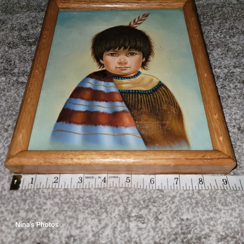 Vintage Native American Oil Painting Child Boy W/ Feather Headdress 11x9" gallery