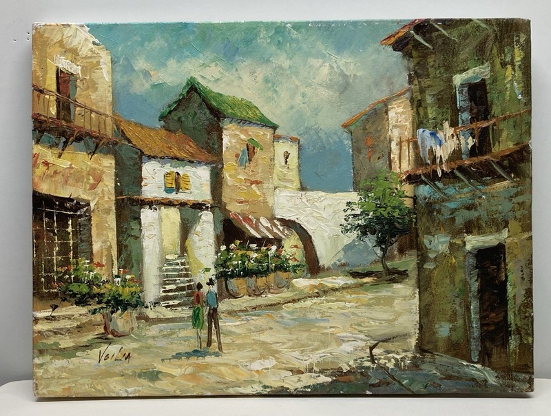 Vintage Oil Painting Of A Spanish Style Courtyard Scene. Signed And Stretched.
