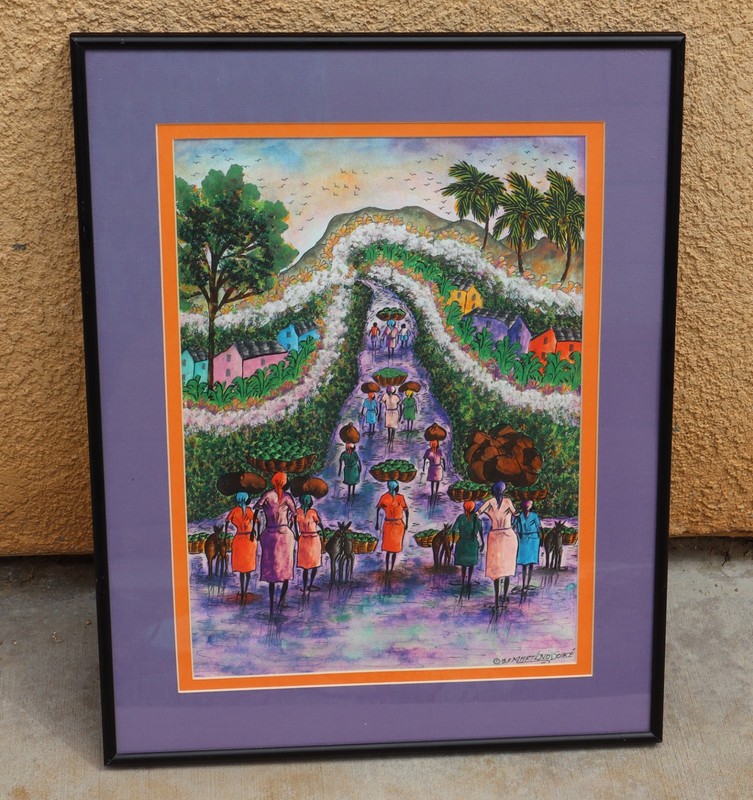 MARTINO DORCE Haitian Figures on a Hillside Path with Baskets watercolor & ink