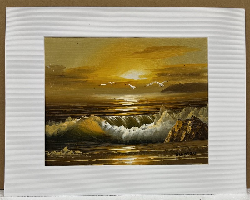 Vtg 8x10" Original Beach Seascape Ocean Seagull Sunset Signed Painting on Board gallery
