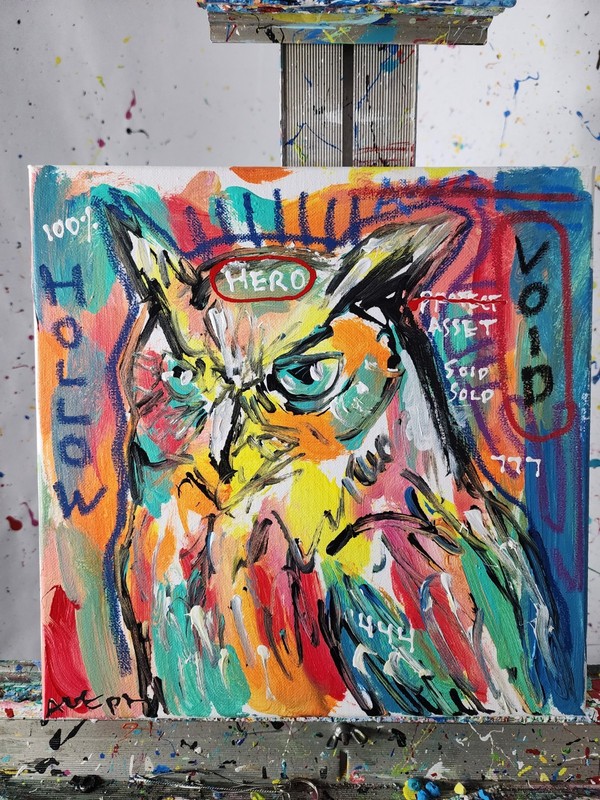 Original Abstract Owl Painting Canvas Neo Expressionist Fine Art Decor 12x12 gallery