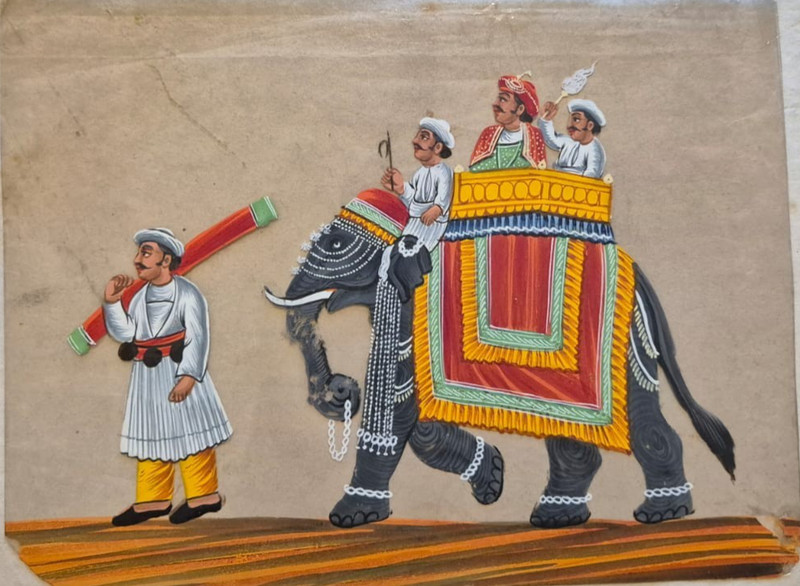 RARE ORIGINAL GOUACHE MICA PAINTING 1820S, ELEPHANT TRAVEL SERIES, INDIA