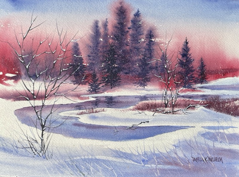 Pamela Wilhelm original 9×12 Watercolor Winter Red bush Snow Trees Landscape