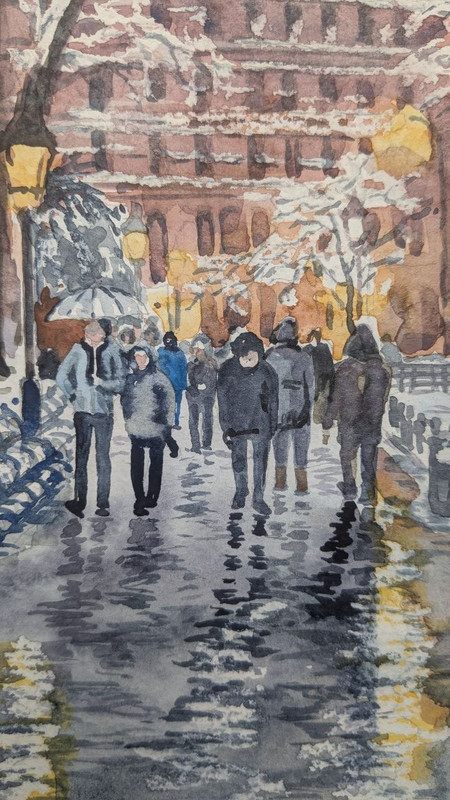 Urban Winter Evening City Watercolor Painting Snowy Road Street Lights A4 Art gallery