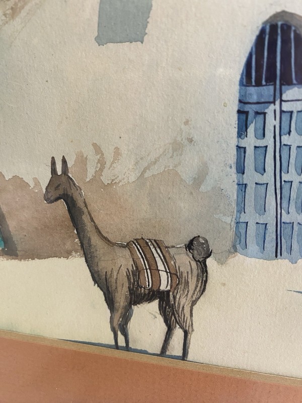Original Watercolor Painting Of Peruvian Village Scene Llama Women Buildings gallery